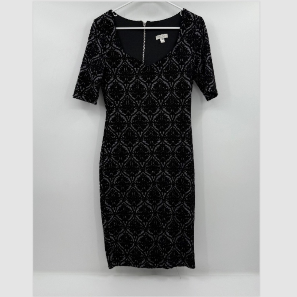 Bisou Bisou Dress Women 8 Black Gray Pencil Stretch Knee Length Short Sleeves